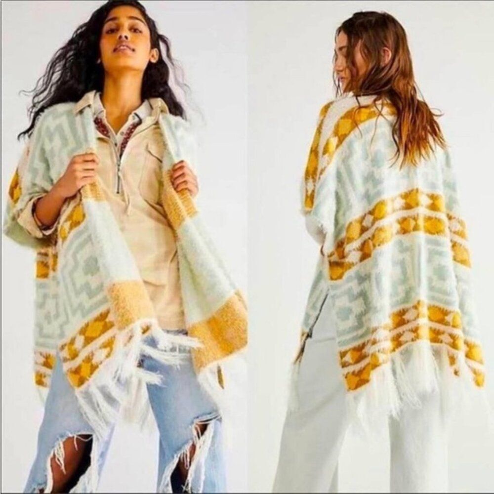 Free People Diamondback Cozy Kimono Southwest Cream Mustard Fringe Boho